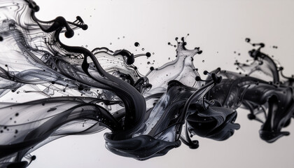 Dynamic Black Ink Swirls Suspended in Air with a Minimal White Background for Artistic Visual Impact