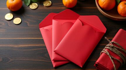 Red envelopes arranged on dark wood with gold coins and citrus, traditional symbols of wealth, luck and abundance for Chinese New Year