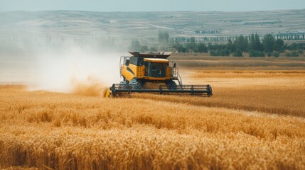 Obraz premium A combine harvester is collecting wheat in a field. Dust rises as it moves through the crops under a clear sky. The surrounding landscape has hills and farmland.