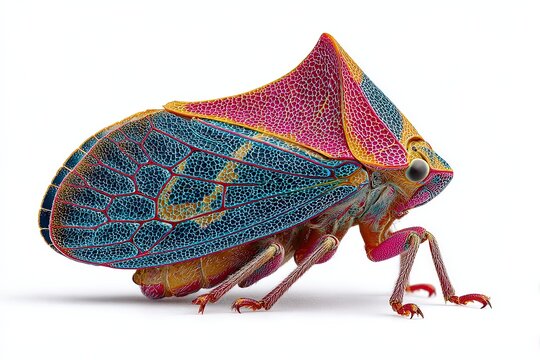 Vibrant Treehopper: A close-up view reveals a colorful treehopper insect showcasing its elaborate, eye-catching structure and pattern.