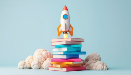 Rocket Launching from Stack of Books Representing Education and Progress.