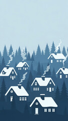 Obraz premium Cozy Winter Village Illustration with Snow-Covered Houses, Smoking Chimneys, and Dense Pine Forest in Monochromatic Blue Tones,...