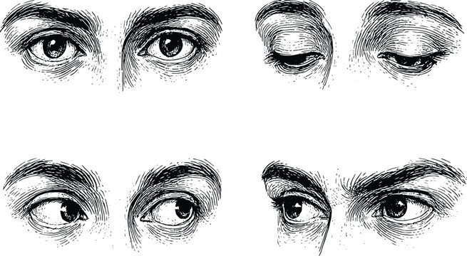 Set of hand drawn human eye pairs looking in different directions vintage engraving style sketch illustration