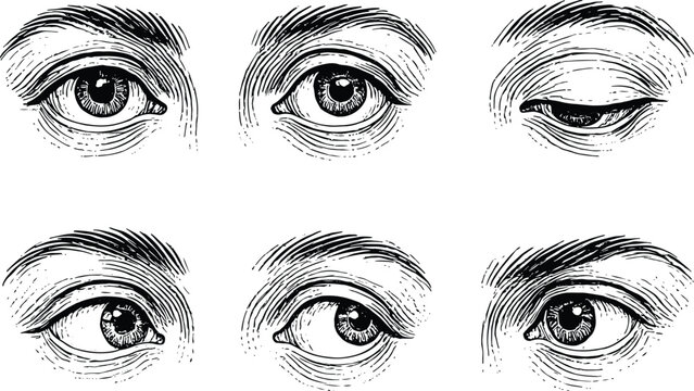 Set of hand drawn human eyes looking in different directions vintage engraving style sketch illustration