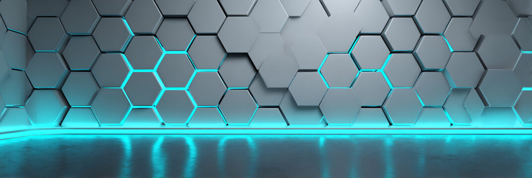  Futuristic interior wall with large hexagonal panels and cyan LED base lighting reflecting on polished floor, modern technology environment for virtual sets, sci fi architecture and innovation 