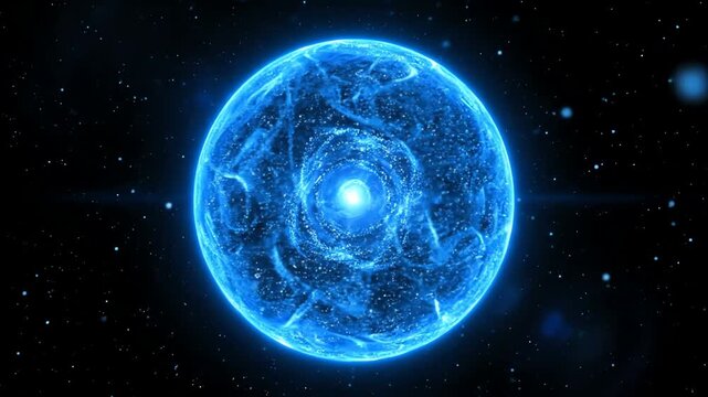 A glowing blue cosmic energy sphere or an interdimensional portal in a starry space background