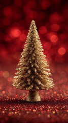 Sparkling Golden Christmas Tree Amidst Red Bokeh Lights Festive Celebration Background