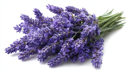 A bundle of lavender sits on a plain surface. The flowers are vibrant and full of color. They are ready for use in crafting cooking or creating scents around the home.
