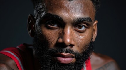 A basketball player poses for the camera with a focused expression. The setting is indoors and the lighting highlights his features. Sweat glistens on his skin.