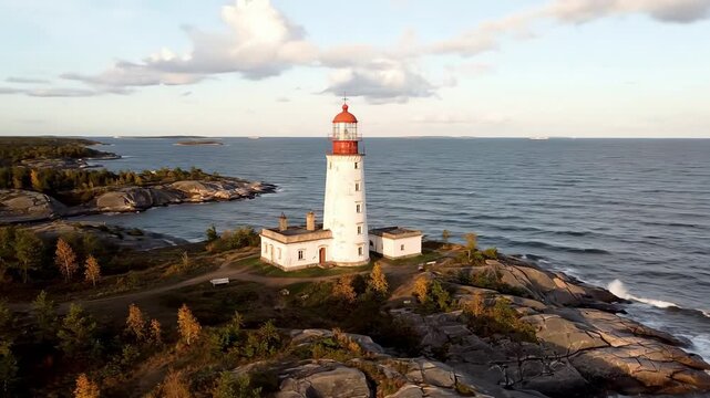 Drone aerial view of a tall white lighthouse on a rocky coastal island with surrounding trees and ocean