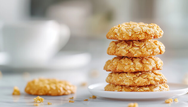 Golden cornflake cookies piled high on light marble table surface. Crunchy sweet snack food, delicious dessert with cereal crumbs