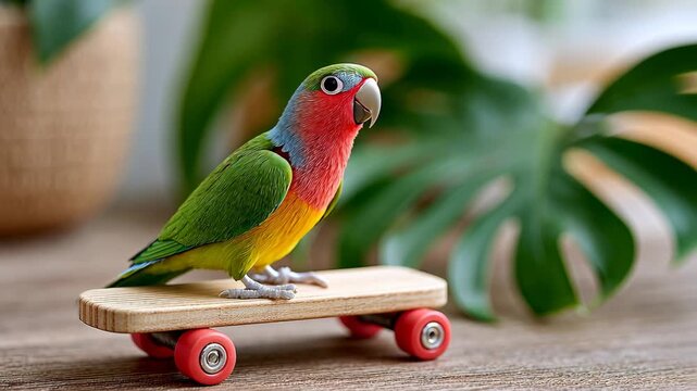 Colorful parrot riding mini skateboard in indoor tropical setting