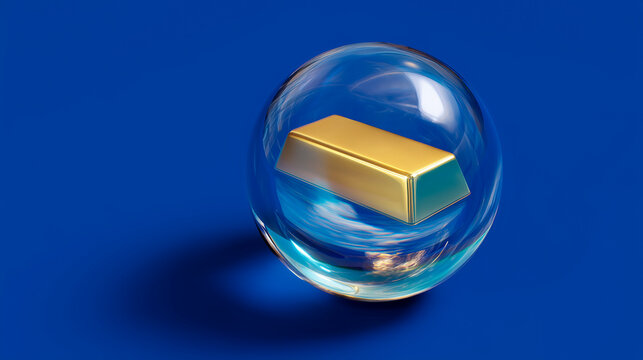 Pure gold ingot enclosed within a transparent glass sphere on a blue background - Concept of protected investment, financial transparency or unattainable object