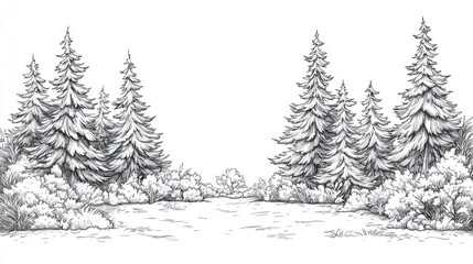 Fototapeta premium Sketch of evergreen forest path, nature scene, background for design