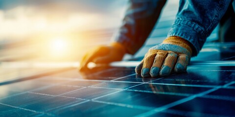 A worker hands rest on solar panels as the sun flares behind, symbolizing clean energy&rsquo;s rise. The scene blends human effort with nature&rsquo;s power in hopeful, golden light.