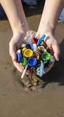 Close-up of human hands holding a handful of colorful plastic bottle caps and microplastics collected from a sandy beach, environmental pollution concept.
