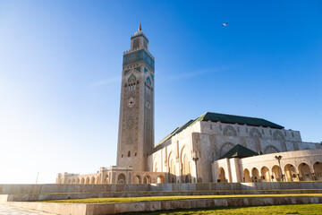 scenic view of the Hassan II Mosque, located on the coast of the Atlantic Ocean in Casablanca, Morocco