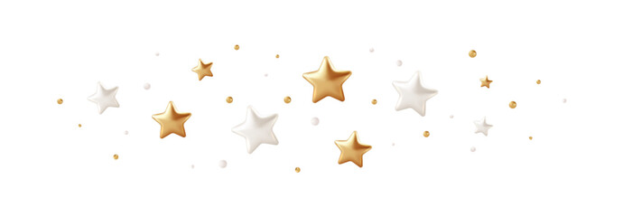 Realistic 3D gold and white stars confetti and sparkle effects on white background. Premium holiday party decorations featuring shiny golden star shapes perfect for festive celebration illustrations