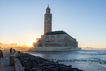 scenic view of the Hassan II Mosque, located on the coast of the Atlantic Ocean in Casablanca,...