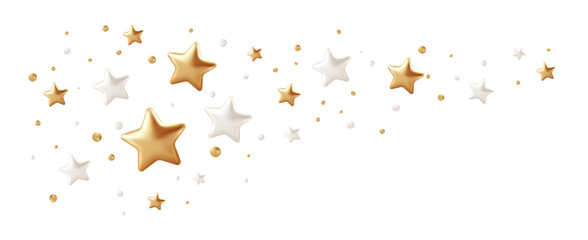 Shimmering golden and white stars confetti with realistic 3D elements on white backdrop. Festive party decorations featuring sparkling icons, twinkling shapes, and premium holiday celebration design