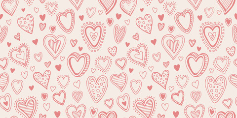 Seamless heart pattern with cute love shapes on pink background. Perfect romantic Valentine's Day wallpaper, gift wrapper, or greeting card with repeating hearts