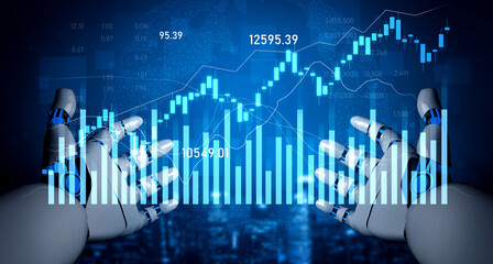 A futuristic digital scene features robotic hands in a tech-savvy environment, showcasing stock market data through vibrant graphs, reflecting advanced analytics. Scalp