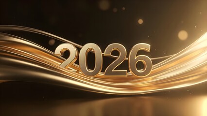 Fototapeta premium 3D Golden 2026 Numbers on a Luxurious Black Background with Flowing Golden Light Waves