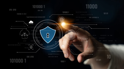 Cyber security interface with biometric and AI-powered protection system. Cyber security secures...