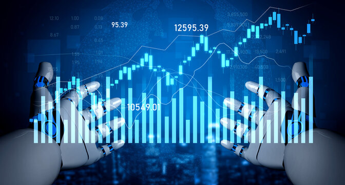 A futuristic digital scene features robotic hands in a tech-savvy environment, showcasing stock market data through vibrant graphs, reflecting advanced analytics. Scalp - Powered by Adobe