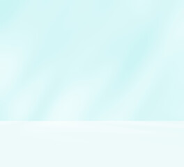 Empty turquoise blue green room studio with shadow of leaves for product presentation. Sunlight effect shadow. Minimal winter backdrop. Cosmetic, beauty and fashion showroom.