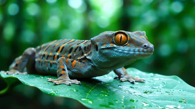 Close up of a New Caledonian crested gecko resting on a vibrant green leaf in a jungle setting