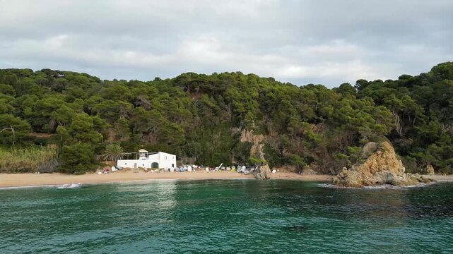 Aerial drone view, flying towards the coast with a house and trees, 4k nature background