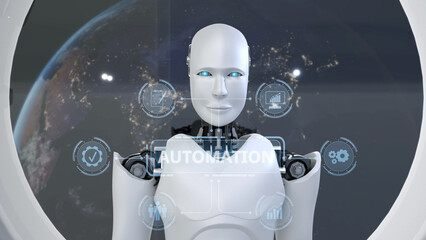 A sleek humanoid robot stands before a digital interface showcasing automation concepts, conveying a sense of future technological advancements and integration. Synapse