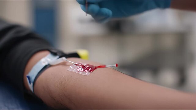 Close up of Blood Collection Process from a Patient's Arm, Close up of blood collection from a patient arm, illustrating a medical procedure with care