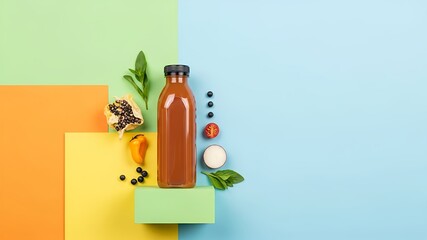 Bottle of juice surrounded by colorful ingredients on layered background. Suitable for marketing healthy drinks and food products.