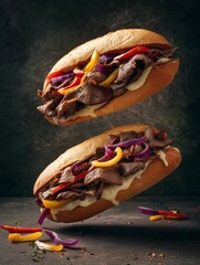 Two steaming cheesesteaks hover mid-air, loaded with beef, peppers, and onions against dark backdrop. The dynamic shot highlights savory richness and mouthwatering street-food appeal.