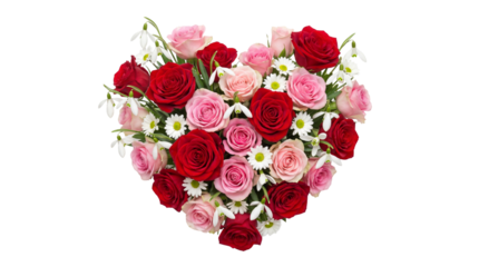 Heart-shaped bouquet of roses and daisies isolated on black background