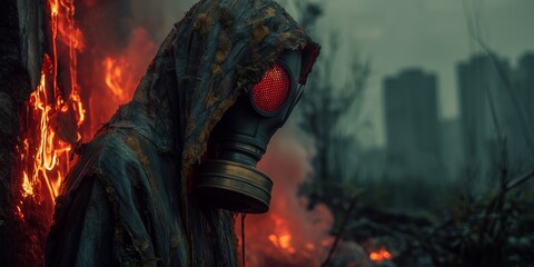 A hooded figure in a gas mask stands amid burning ruins, red eyes glowing in apocalyptic haze. The scene radiates dread, survival, and the haunting aftermath of catastrophe.