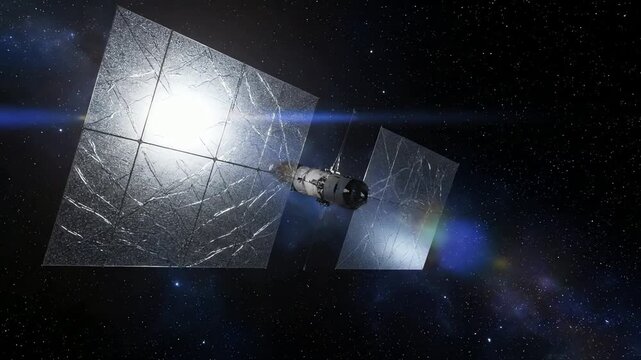 A futuristic spaceship powered by solar sails glides through the starry expanse of outer space