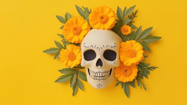 Skull flower marigold yellow holiday decoration bone head petal leaf orange autumn culture celebration death remembrance art design creative background bright bloom blossom floral seasonal skull
