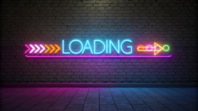Neon Loading Sign: A vibrant neon sign spells out LOADING in bold letters, illuminated against a dark brick wall, creating a dynamic contrast of modern technology and rustic texture.