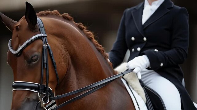 Close up of a brown dressage horse with bridle and rider in formal attire, showing elegance focus and discipline in professional equestrian sport