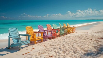 Colorful beach chairs on the white sand at the ocean on a sunny day, Colorful beach chairs arranged on white sand by the ocean under a bright blue sky on a sunny day