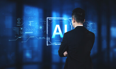 A futuristic user interface for business intelligence. This advanced AI dashboard displays complex data analysis, charts, and graphs for strategic corporate insights. Fermion