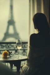 Young lady gazes out a window at the Paris streets, through a rain-streaked window, glass of wine beside her. Soft light and solitude evoke romance, reflection, and Parisian dreams.