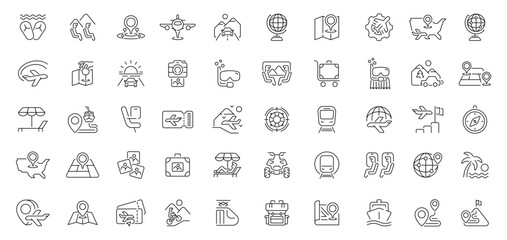 Travel and tourism icons set. editable line icons, outline vacation symbols