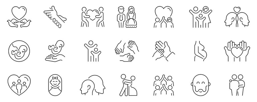 Family and relationships icons set. editable line icons, outline, connection symbols