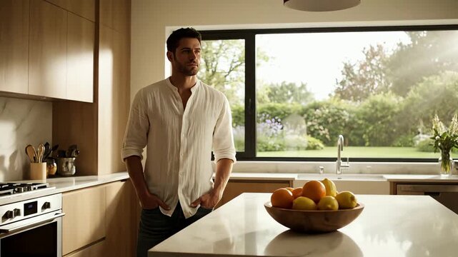 Handsome man standing thoughtfully in a modern sunlit kitchen looking outside