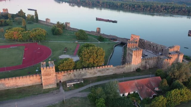 Aerial view of Smederevo Fortress beside Danube River in Serbia
