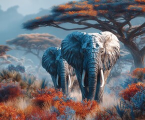 Two majestic elephants stride through misty savanna, acacia trees glowing in warm light. Their powerful presence captures wild grace, ancient strength, and serene African beauty.